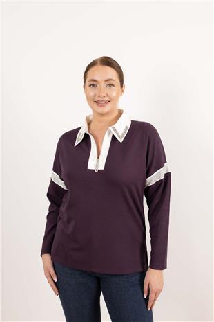 Polo Yaka Detaylı Fermuar VeTaş Baskı Desenli Bluz