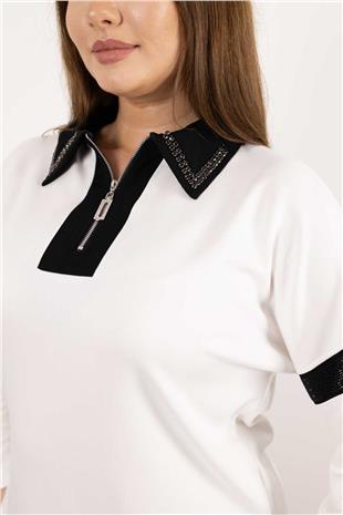 Polo Yaka Detaylı Fermuar VeTaş Baskı Desenli Bluz