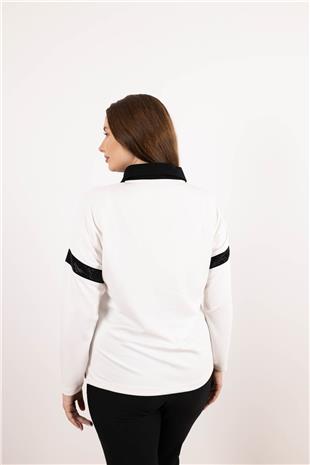 Polo Yaka Detaylı Fermuar VeTaş Baskı Desenli Bluz