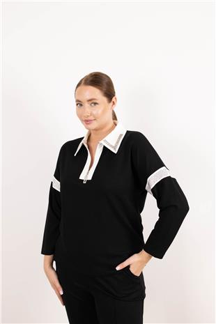 Polo Yaka Detaylı Fermuar VeTaş Baskı Desenli Bluz
