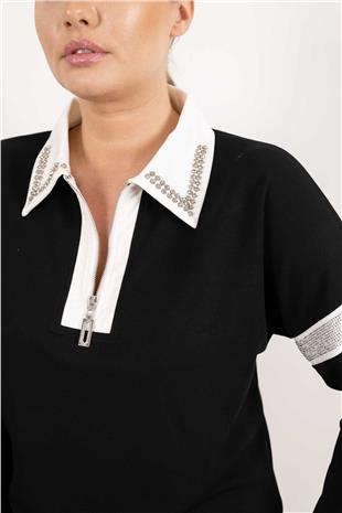 Polo Yaka Detaylı Fermuar VeTaş Baskı Desenli Bluz