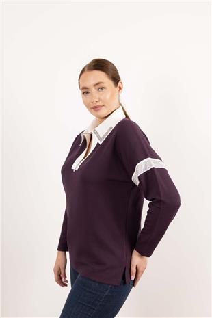 Polo Yaka Detaylı Fermuar VeTaş Baskı Desenli Bluz