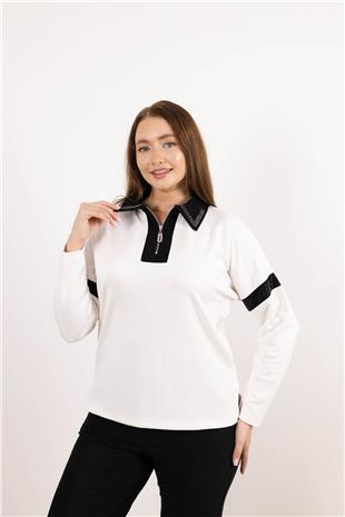 Polo Yaka Detaylı Fermuar VeTaş Baskı Desenli Bluz