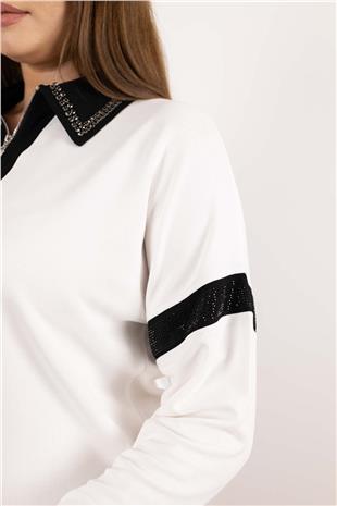 Polo Yaka Detaylı Fermuar VeTaş Baskı Desenli Bluz