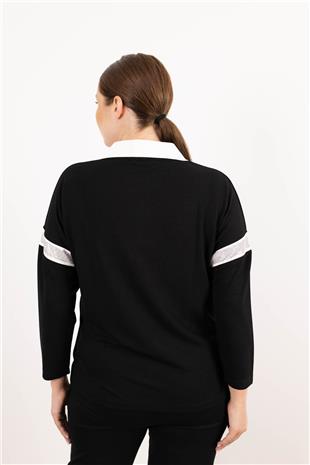 Polo Yaka Detaylı Fermuar VeTaş Baskı Desenli Bluz