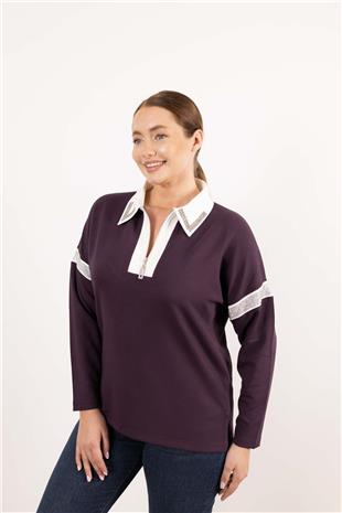 Polo Yaka Detaylı Fermuar VeTaş Baskı Desenli Bluz