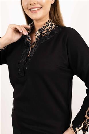 Polo Yaka Detaylı Leopar Desenli Taş Baskılı Bluz
