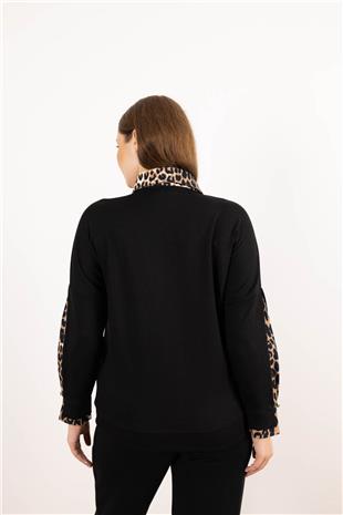 Polo Yaka Detaylı Leopar Desenli Taş Baskılı Bluz