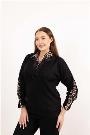 Polo Yaka Detaylı Leopar Desenli Taş Baskılı Bluz