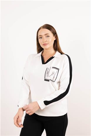Polo Yaka Detaylı Taş Ve Yazı Detaylı Bluz