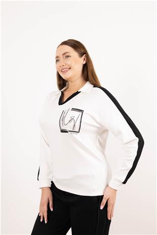Polo Yaka Detaylı Taş Ve Yazı Detaylı Bluz