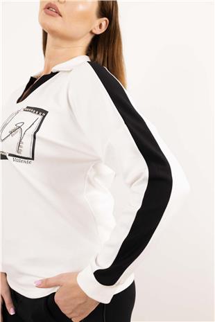 Polo Yaka Detaylı Taş Ve Yazı Detaylı Bluz