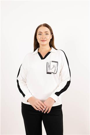 Polo Yaka Detaylı Taş Ve Yazı Detaylı Bluz