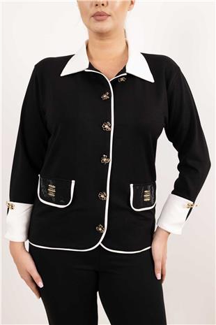 Polo Yaka Düğme Detaylı Cep Yazı Ve Taş Baskılı Bluz