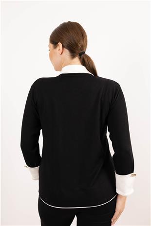 Polo Yaka Düğme Detaylı Cep Yazı Ve Taş Baskılı Bluz