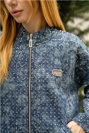 Pul Payet Baskı Ve Taş Detaylı Uzun Kollu Ceket