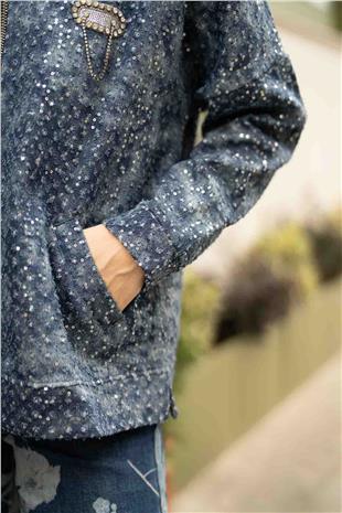 Pul Payet Baskı Ve Taş Detaylı Uzun Kollu Ceket