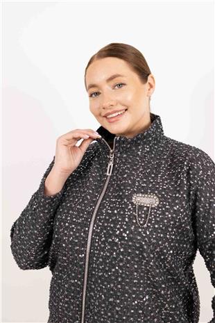 Pul Payet Baskı Ve Taş Detaylı Uzun Kollu Ceket