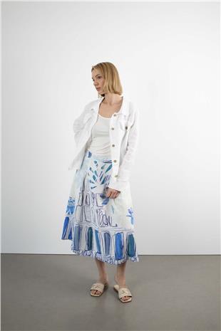 Şehir Bahçe Desen Detaylı Beli Lastikli Etek