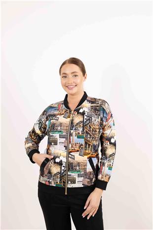 Şehir Baskı Detaylı Fermuarlı Uzun Kollu Hırka