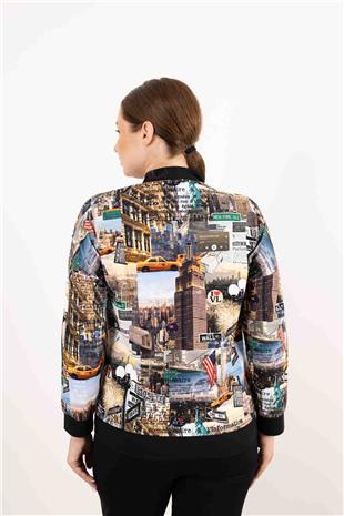 Şehir Baskı Detaylı Fermuarlı Uzun Kollu Hırka