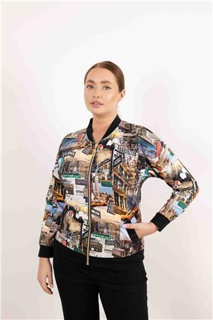 Şehir Baskı Detaylı Fermuarlı Uzun Kollu Hırka