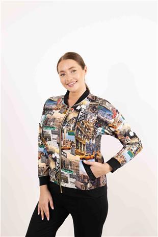 Şehir Baskı Detaylı Fermuarlı Uzun Kollu Hırka