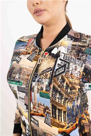 Şehir Baskı Detaylı Fermuarlı Uzun Kollu Hırka