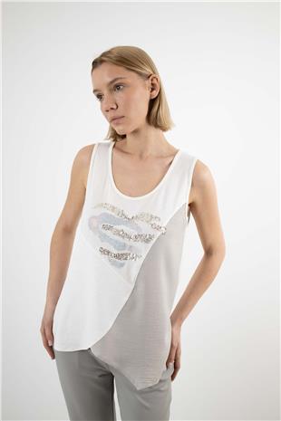 Sıfır Kol Detay Taş Baskılı Ve Payetli Tshirt