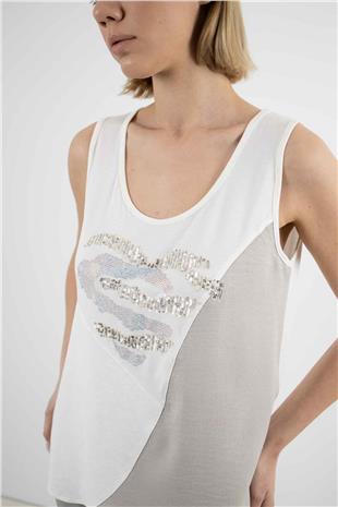 Sıfır Kol Detay Taş Baskılı Ve Payetli Tshirt