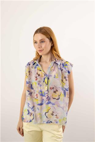 Sıfır Kol Detaylı Düğmeli Desenli Gömlek