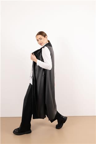 Sıfır Kol Detaylı Uzun Deri Yelek