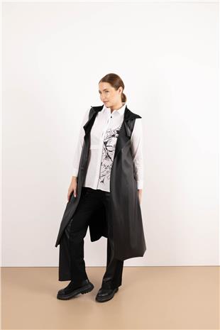 Sıfır Kol Detaylı Uzun Deri Yelek