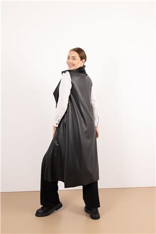 Sıfır Kol Detaylı Uzun Deri Yelek