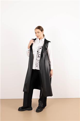 Sıfır Kol Detaylı Uzun Deri Yelek