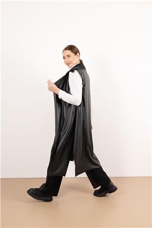 Sıfır Kol Detaylı Uzun Deri Yelek