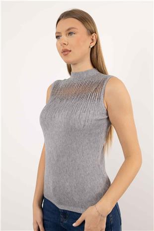 Su Yolu Taş İşleme Detay Kolsuz Triko