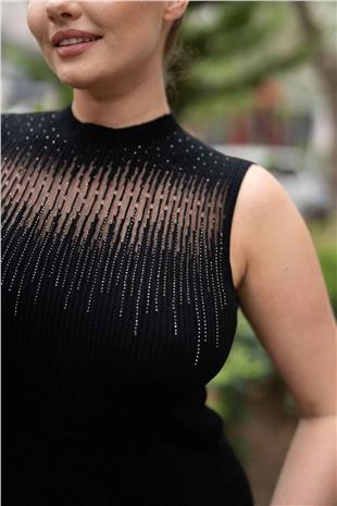 Su Yolu Taş İşleme Detay Kolsuz Triko