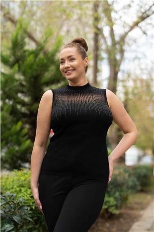 Su Yolu Taş İşleme Detay Kolsuz Triko