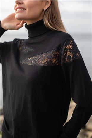 Tam Balıkçı Yaka Detay Dantelli Triko