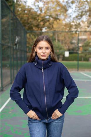 Tam Balıkçı Yaka Detay Taş Baskılı Beli Lastikli Ceket