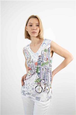 Taş Baskılı Bisiklet İşlemeli Desenli Atlet