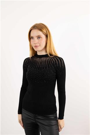 Taş İşleme Detay Bisiklet Yaka Kazak