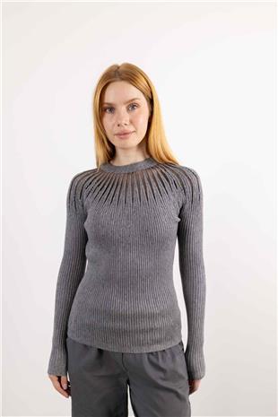 Taş İşleme Detay Bisiklet Yaka Kazak