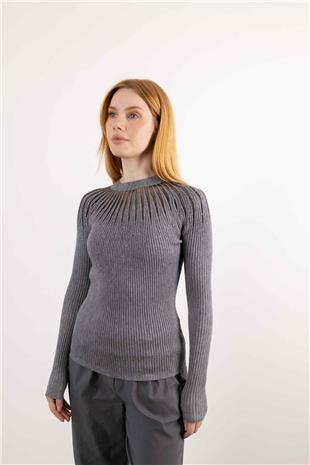 Taş İşleme Detay Bisiklet Yaka Kazak