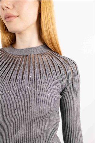 Taş İşleme Detay Bisiklet Yaka Kazak