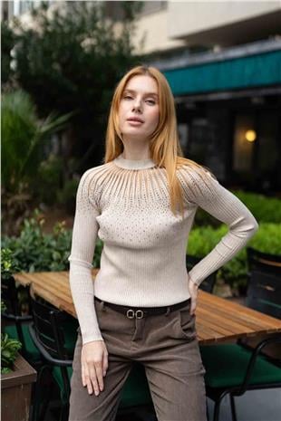 Taş İşleme Detay Bisiklet Yaka Kazak