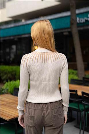 Taş İşleme Detay Bisiklet Yaka Kazak