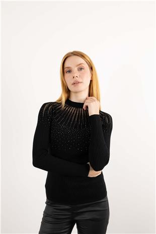 Taş İşleme Detay Bisiklet Yaka Kazak