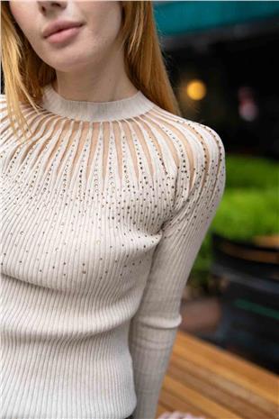 Taş İşleme Detay Bisiklet Yaka Kazak